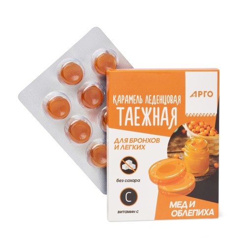 Карамель леденцовая «Таежная» для бронхов и легких, мед и облепиха